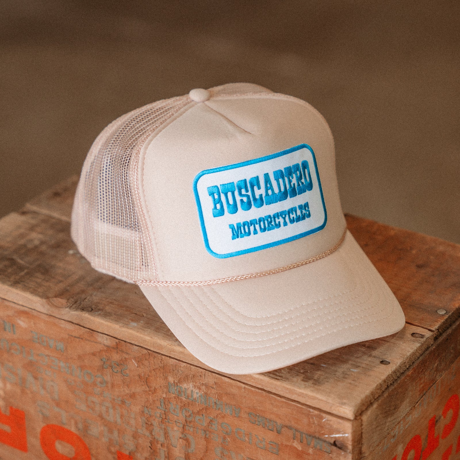 'Blue Barrel’ Foam Trucker Hat - Off White