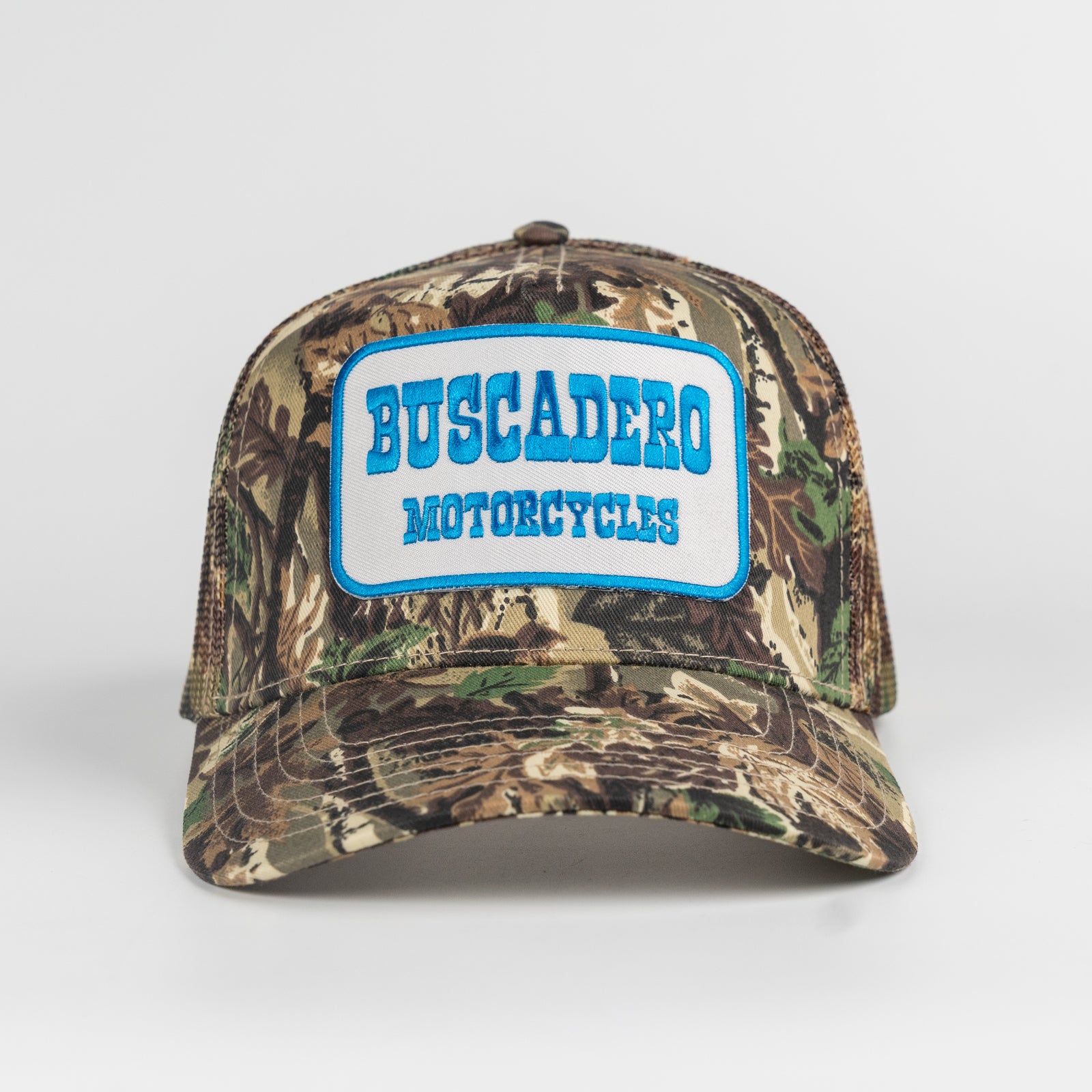 'Blue Barrel' 5 Panel Mesh Back Trucker Hat - Camo