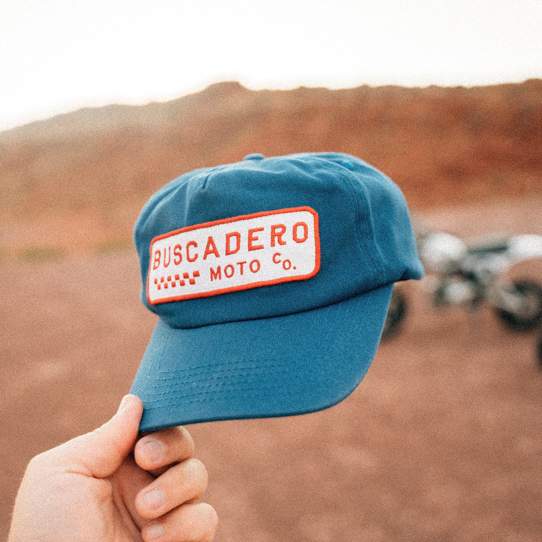 ‘Checker Moto’ Unstructured 5 panel Hat - Royal Blue