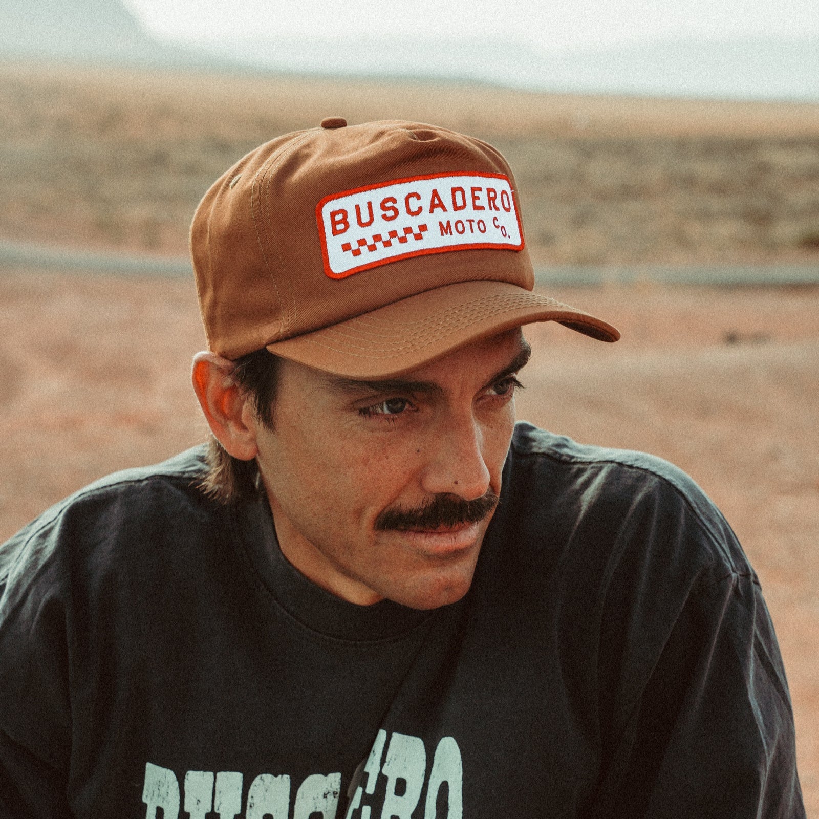 ‘Checker Moto’ Unstructured 5 panel Hat - Camel