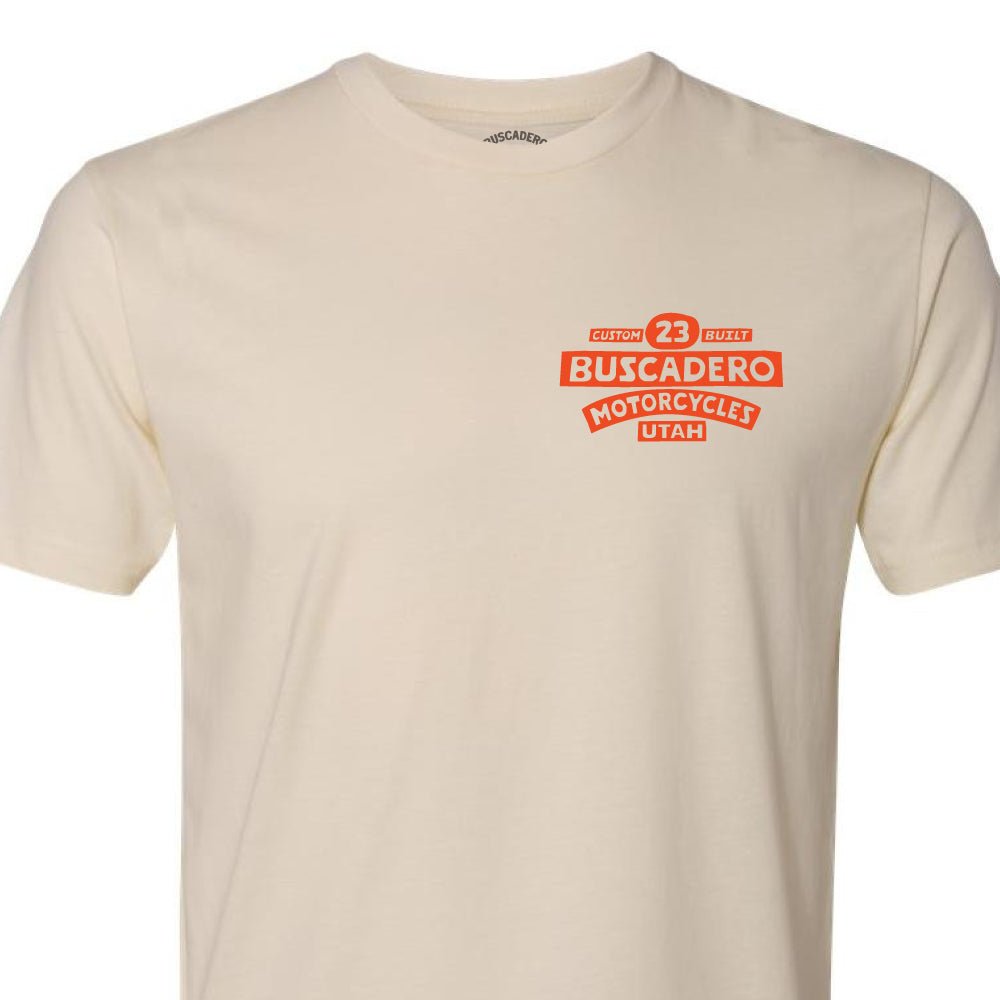 'Speedway Shield' Natural Short Sleeve T shirt - Buscadero Motorcycles
