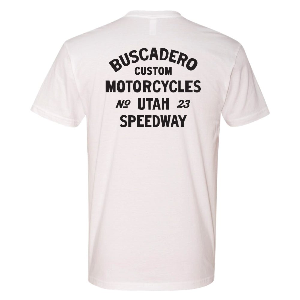 'Speedway' White Short Sleeve T shirt - Buscadero Motorcycles