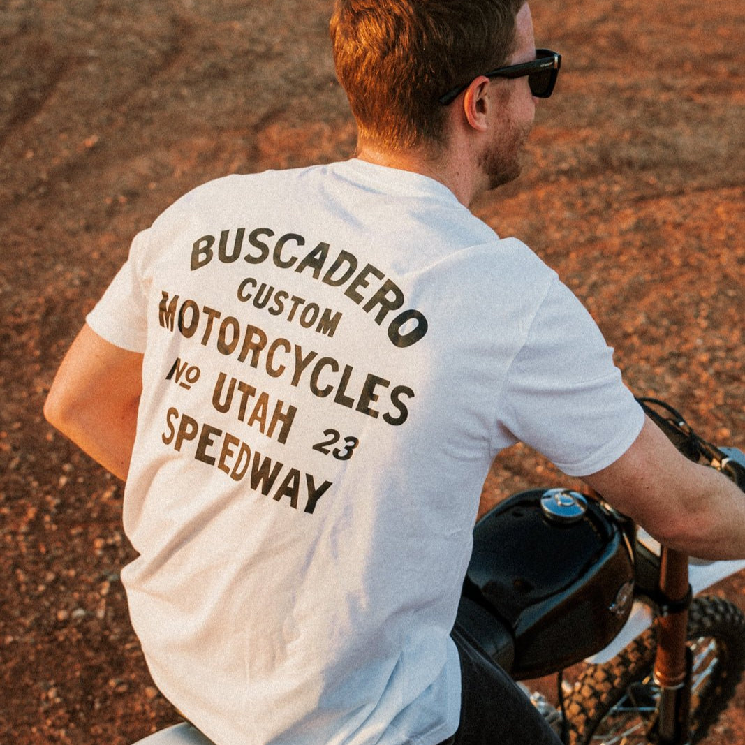 'Speedway' White Short Sleeve T shirt - Buscadero Motorcycles