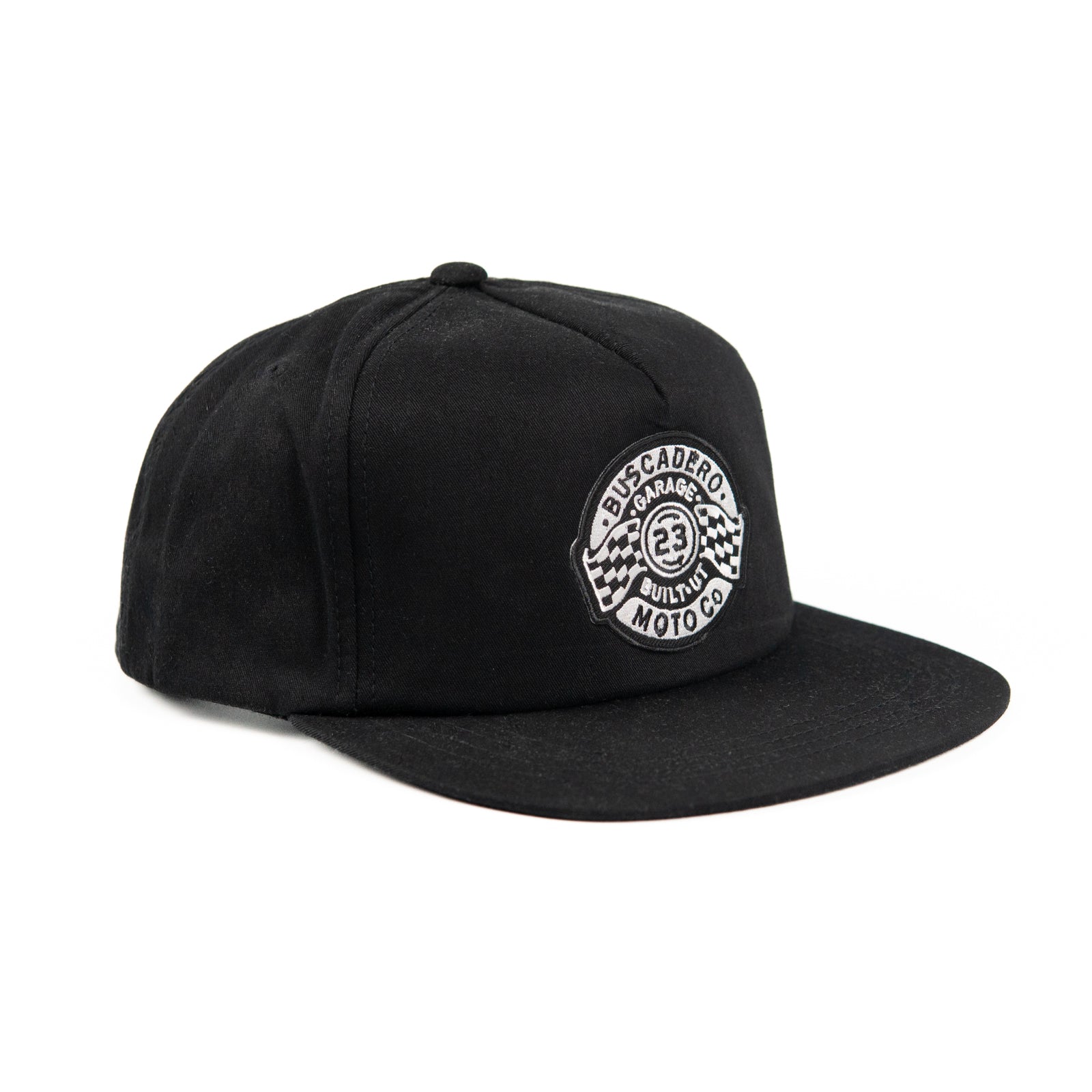 ‘Garage’ Unstructured 5 panel Flat Brim - Black