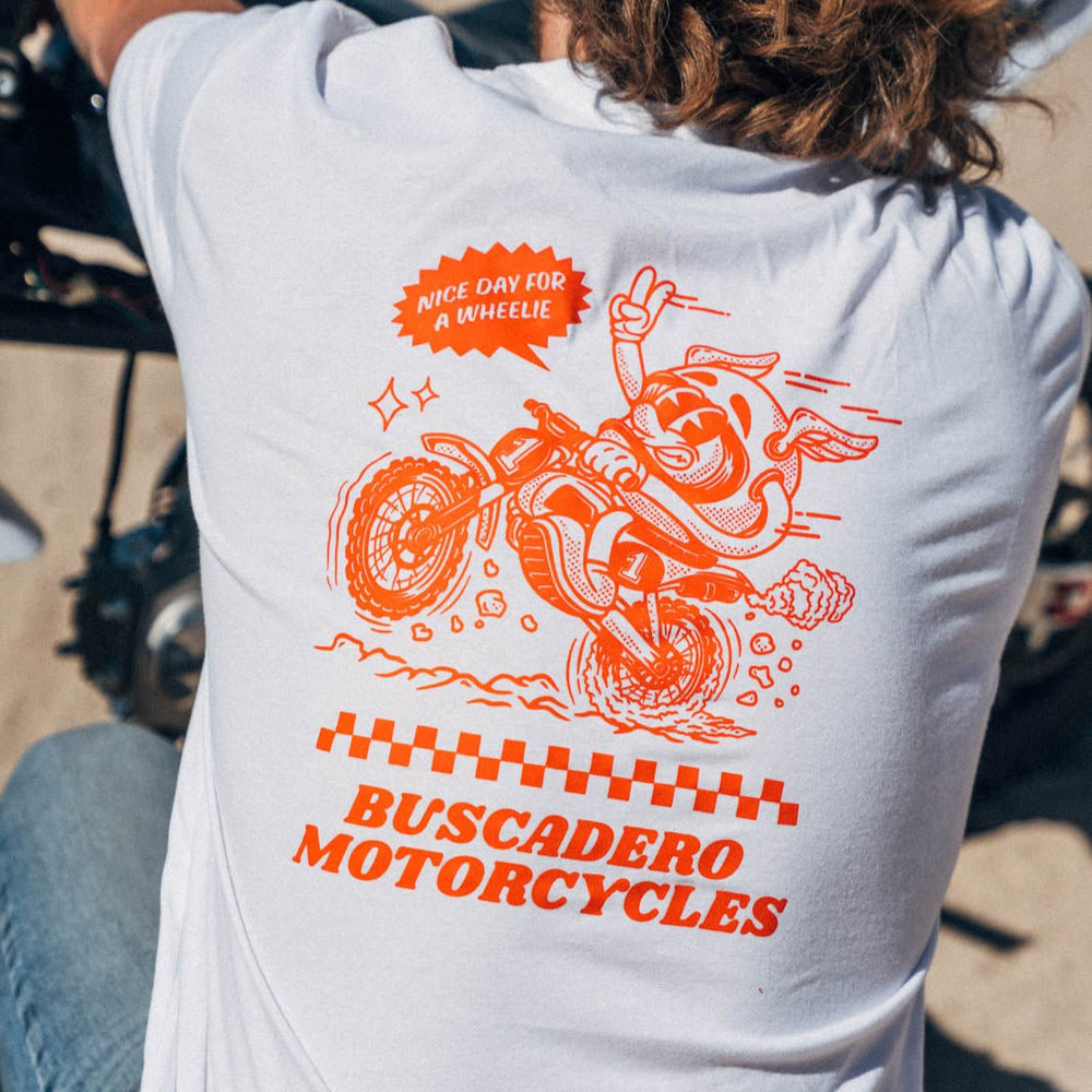 'Nice day for a Wheelie' Short Sleeve T shirt - Buscadero Motorcycles