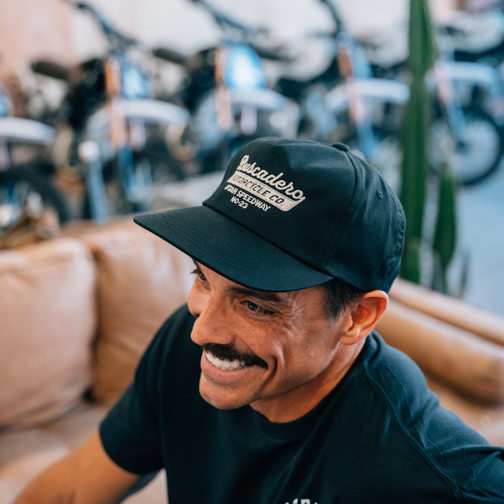 ‘Speedway’ Unstructured 5 panel Hat - Black - Buscadero Motorcycles