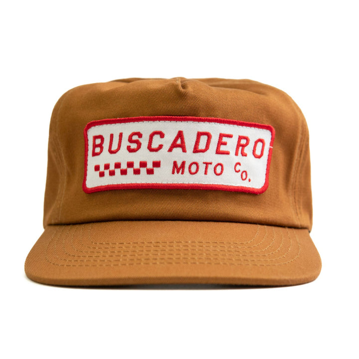 ‘Checker Moto’ Unstructured 5 panel Hat - Camel - Buscadero Motorcycles