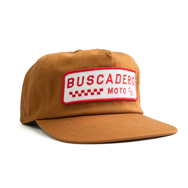 ‘Checker Moto’ Unstructured 5 panel Hat - Camel - Buscadero Motorcycles