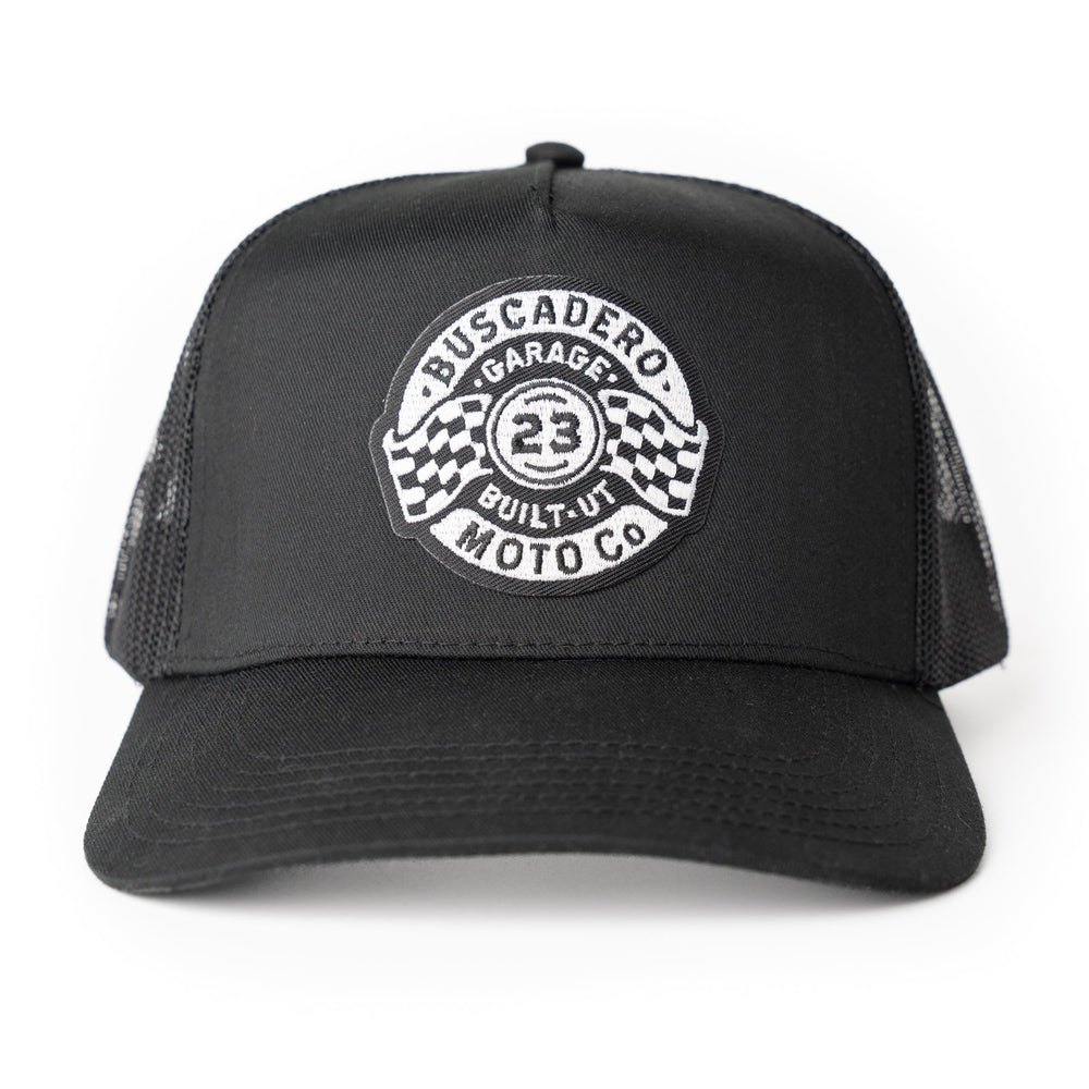 ‘Garage’ Mid Profile Mesh Back Trucker Hat - Black - Buscadero Motorcycles