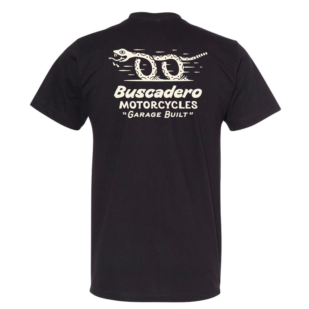 'Snake on Wheels' Black Short Sleeve T shirt - Buscadero Motorcycles