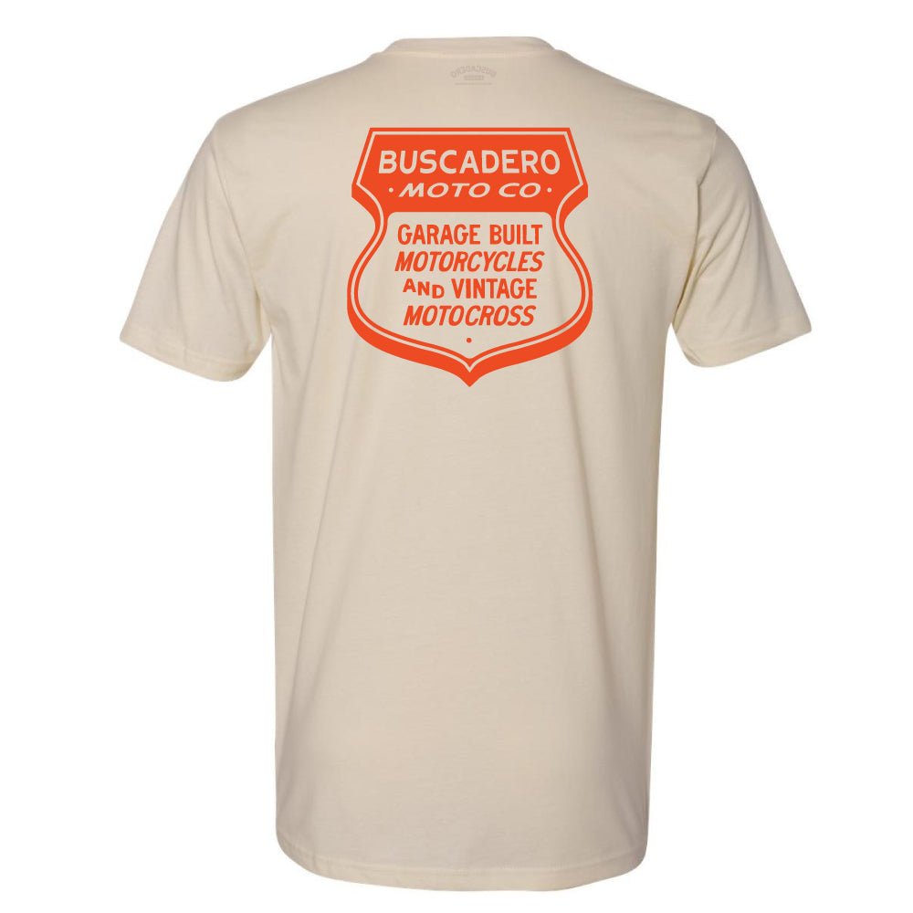 'Speedway Shield' Natural Short Sleeve T shirt - Buscadero Motorcycles